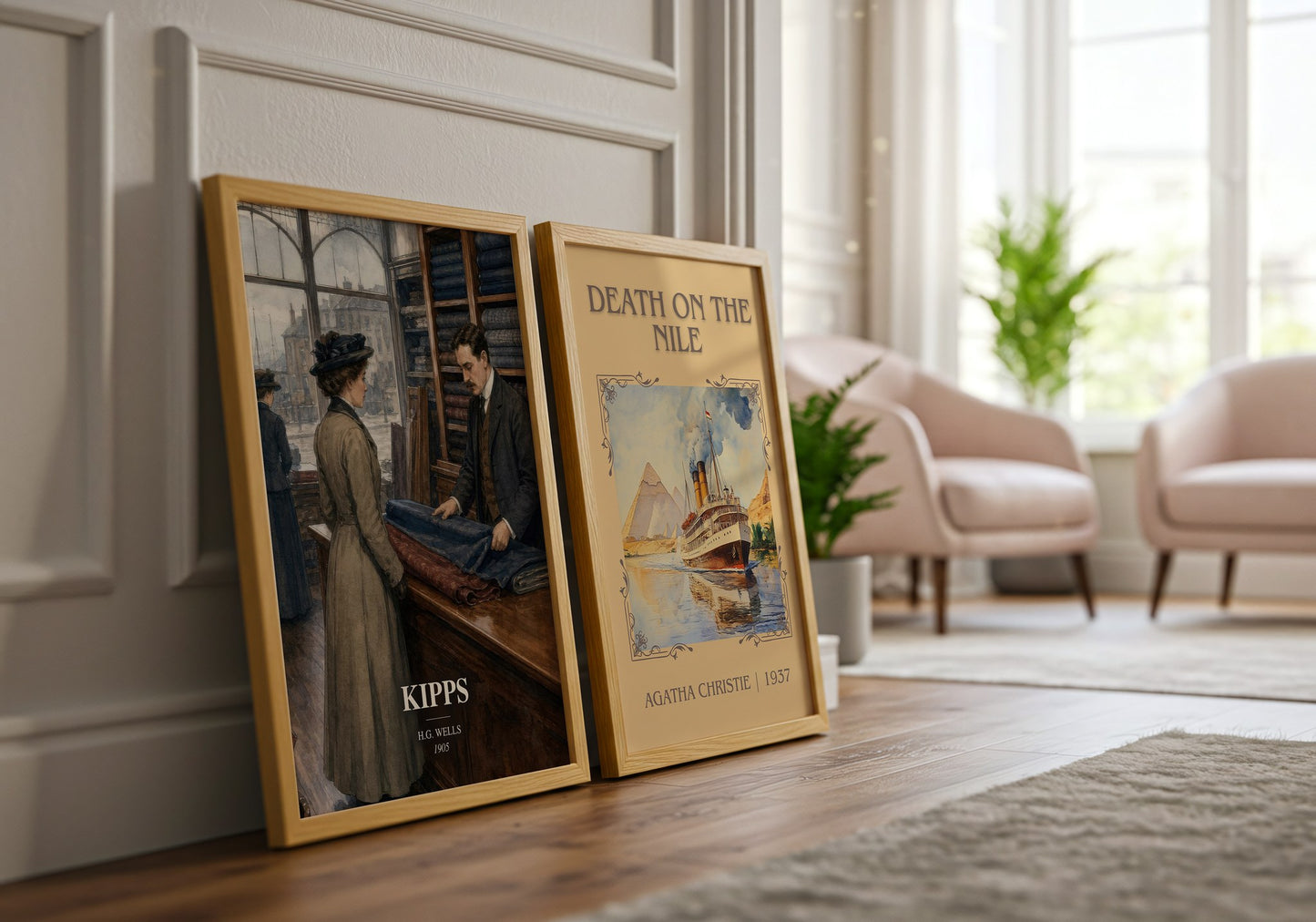 Kipps watercolour print framed by window – literary home decor