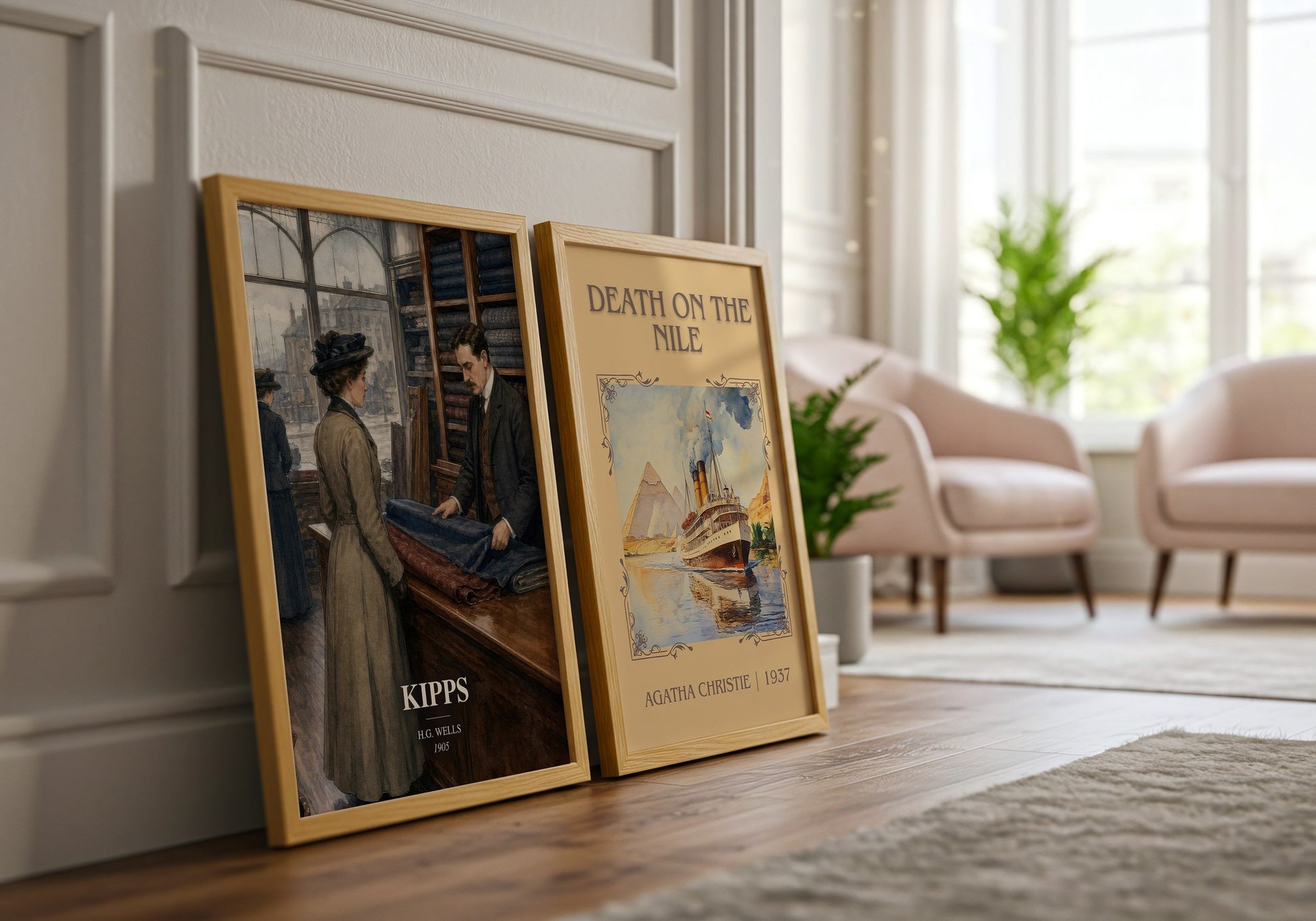 Kipps watercolour print framed by window – literary home decor