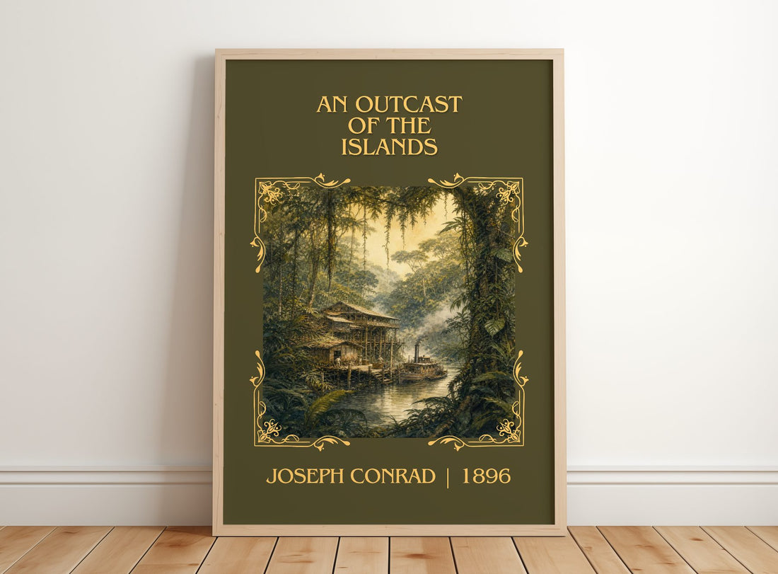 An Outcast Of The Islands Classic Book Art Print by Joseph Conrad – framed print leaning on a wooden floor