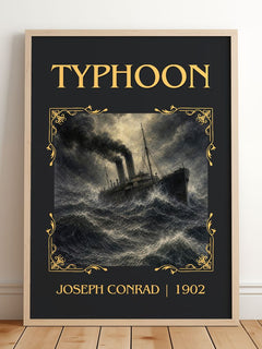 Typhoon Classic Book Art Print by Joseph Conrad – framed print leaning on a wooden floor
