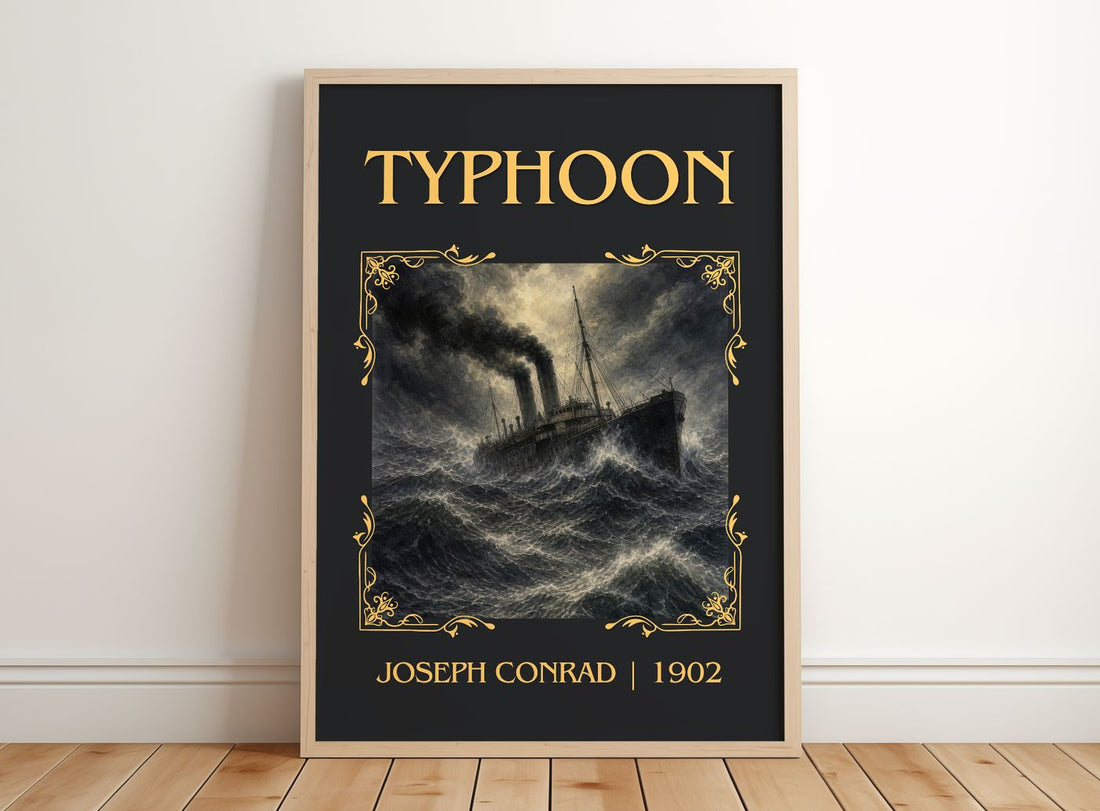 Typhoon Classic Book Art Print by Joseph Conrad – framed print leaning on a wooden floor