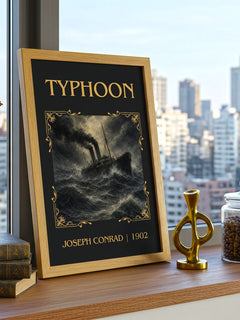 Typhoon Classic Book Art Print by Joseph Conrad – framed print on a city-view windowsill