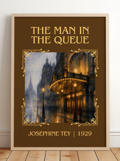 The Man In The Queue Classic Book Art Print by Josephine Tey – framed print leaning on a wooden floor