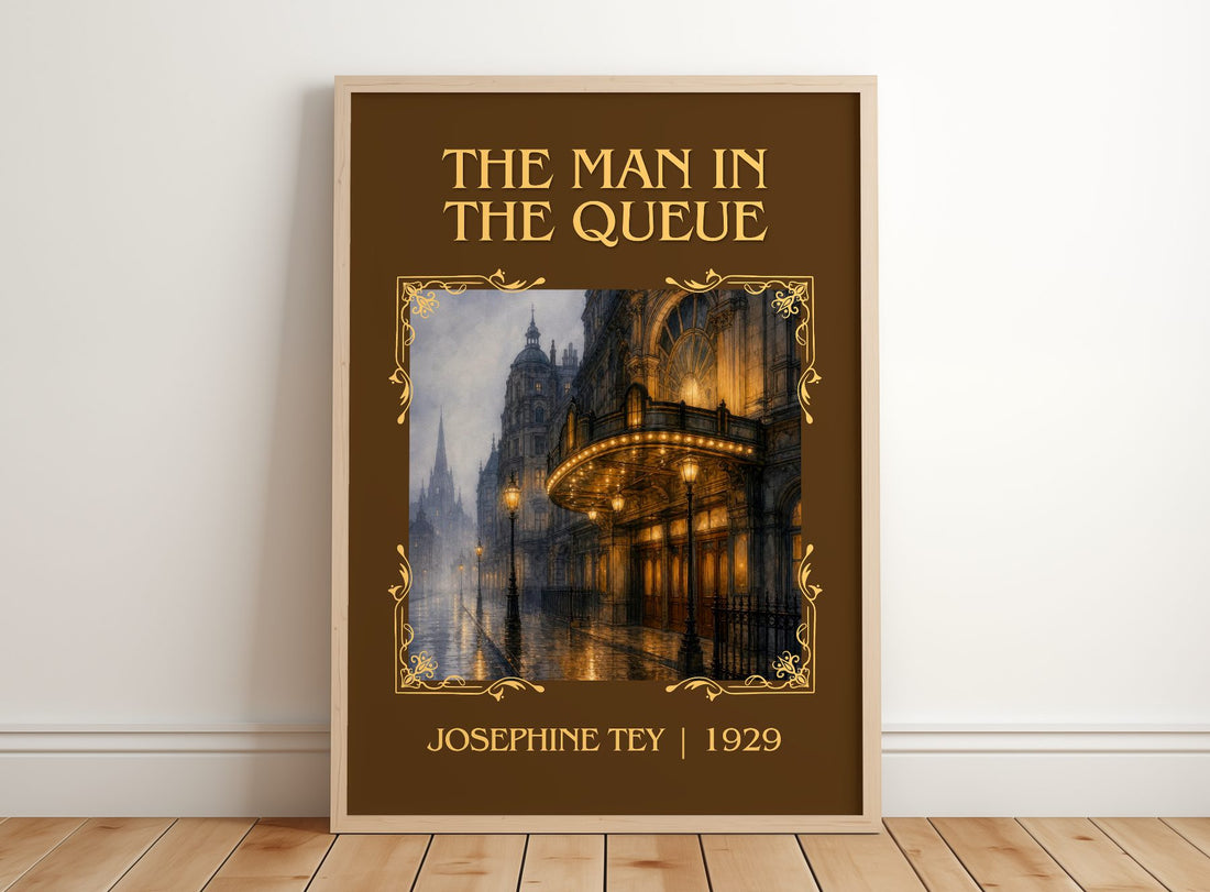 The Man In The Queue Classic Book Art Print by Josephine Tey – framed print leaning on a wooden floor