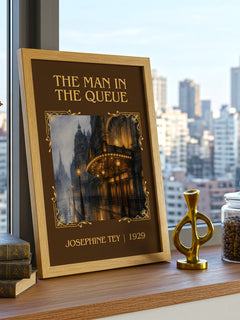 The Man In The Queue Classic Book Art Print by Josephine Tey – framed print on a city-view windowsill