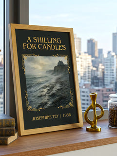 A Shilling For Candles Classic Book Art Print by Josephine Tey – framed print on a city-view windowsill