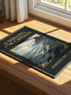 A Shilling For Candles Classic Book Art Print by Josephine Tey – print on a sunlit desk