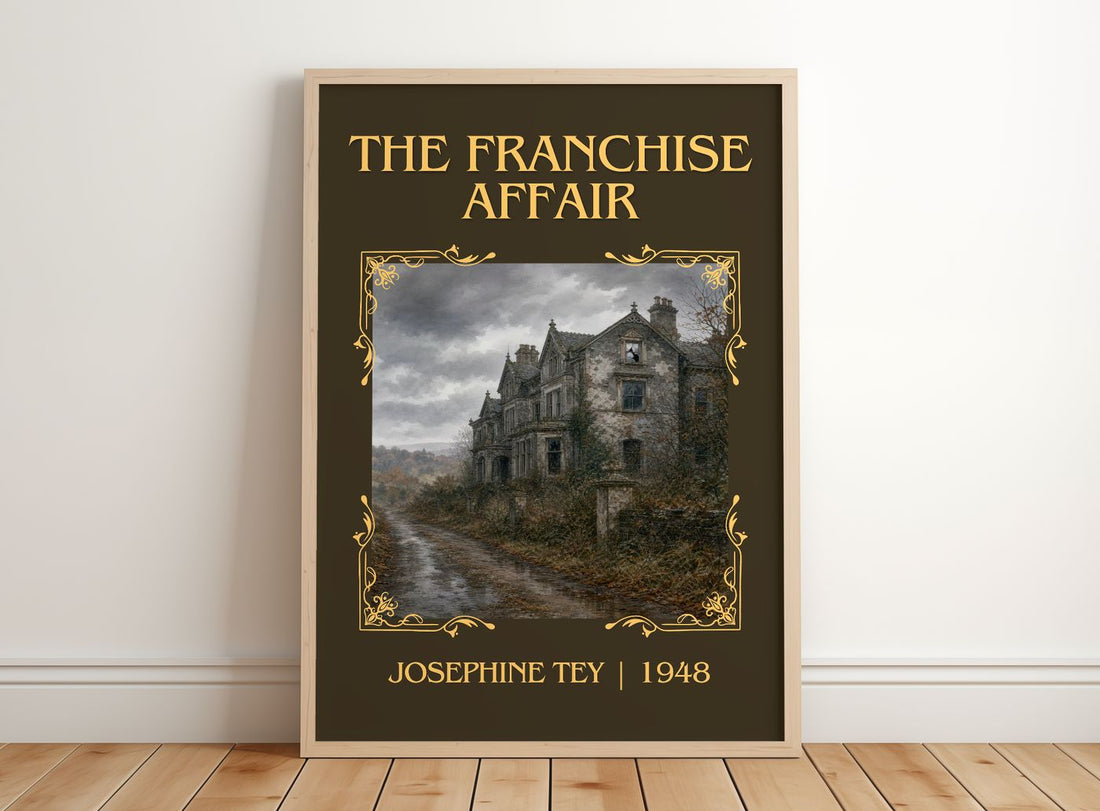 The Franchise Affair Classic Book Art Print by Josephine Tey – framed print leaning on a wooden floor