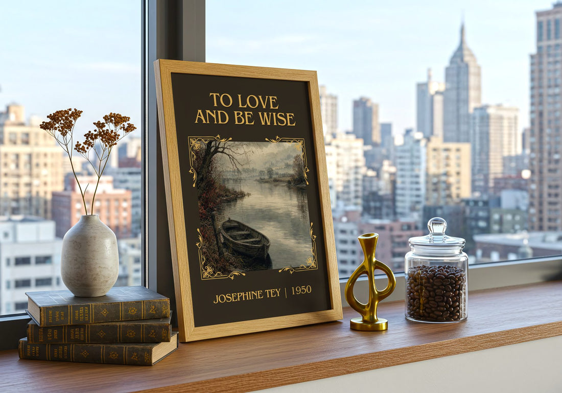 To Love And Be Wise Classic Book Art Print by Josephine Tey – framed print on a city-view windowsill