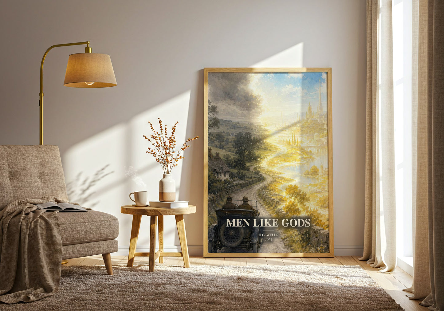 Men Like Gods watercolour print in frame leaning in hallway – sci fi wall art