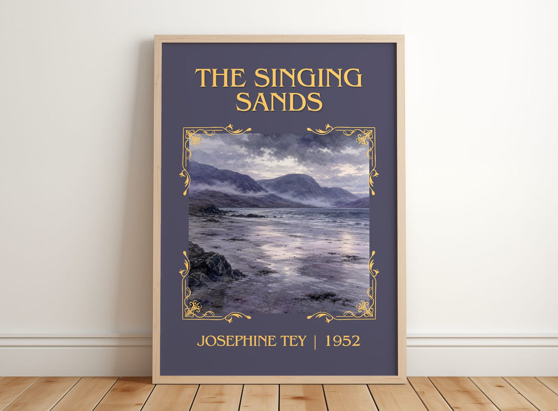 The Singing Sands Classic Book Art Print by Josephine Tey – framed print leaning on a wooden floor