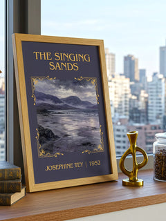 The Singing Sands Classic Book Art Print by Josephine Tey – framed print on a city-view windowsill