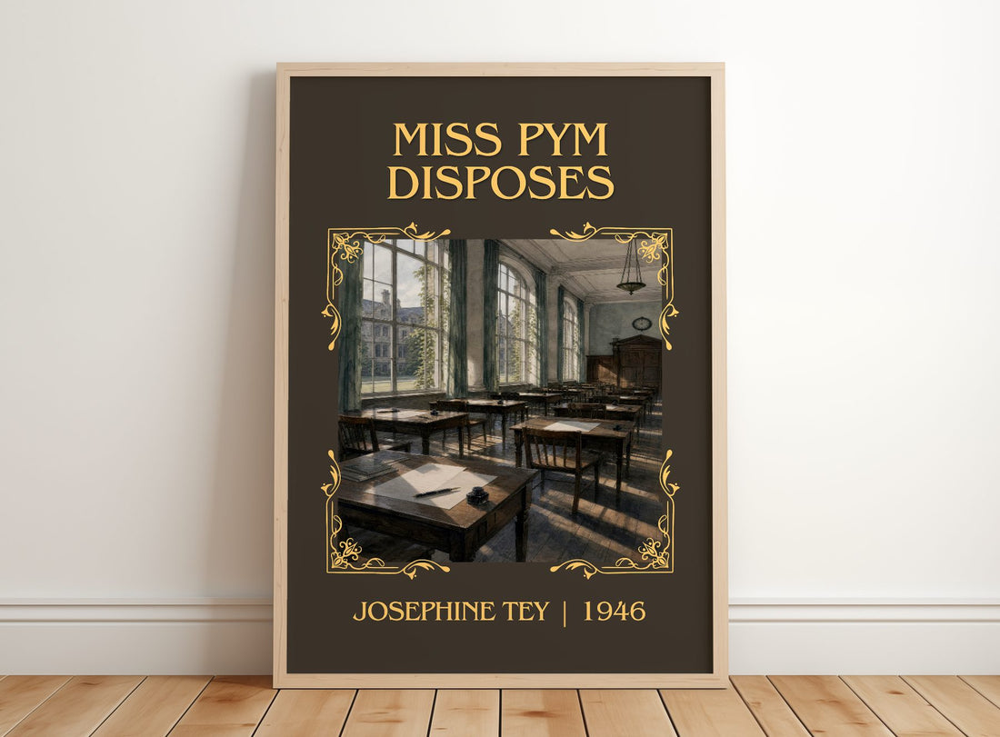 Miss Pym Disposes Classic Book Art Print by Josephine Tey – framed print leaning on a wooden floor