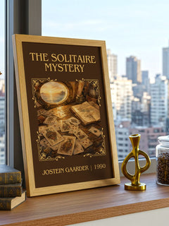 The Solitaire Mystery Classic Book Art Print by Jostein Gaarder – framed print on a city-view windowsill