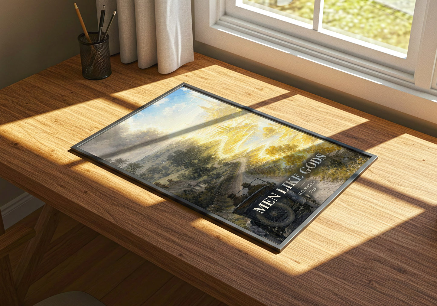 Men Like Gods watercolour book poster framed on wall – sci fi wall art