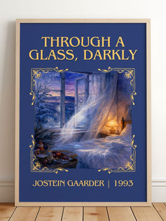 Through A Glass, Darkly Classic Book Art Print by Jostein Gaarder – framed print leaning on a wooden floor