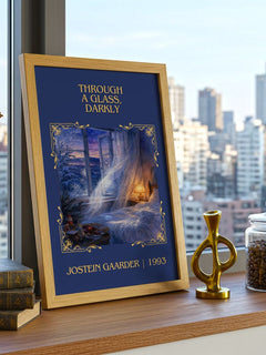 Through A Glass, Darkly Classic Book Art Print by Jostein Gaarder – framed print on a city-view windowsill