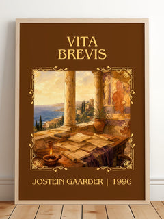Vita Brevis Classic Book Art Print by Jostein Gaarder – framed print leaning on a wooden floor