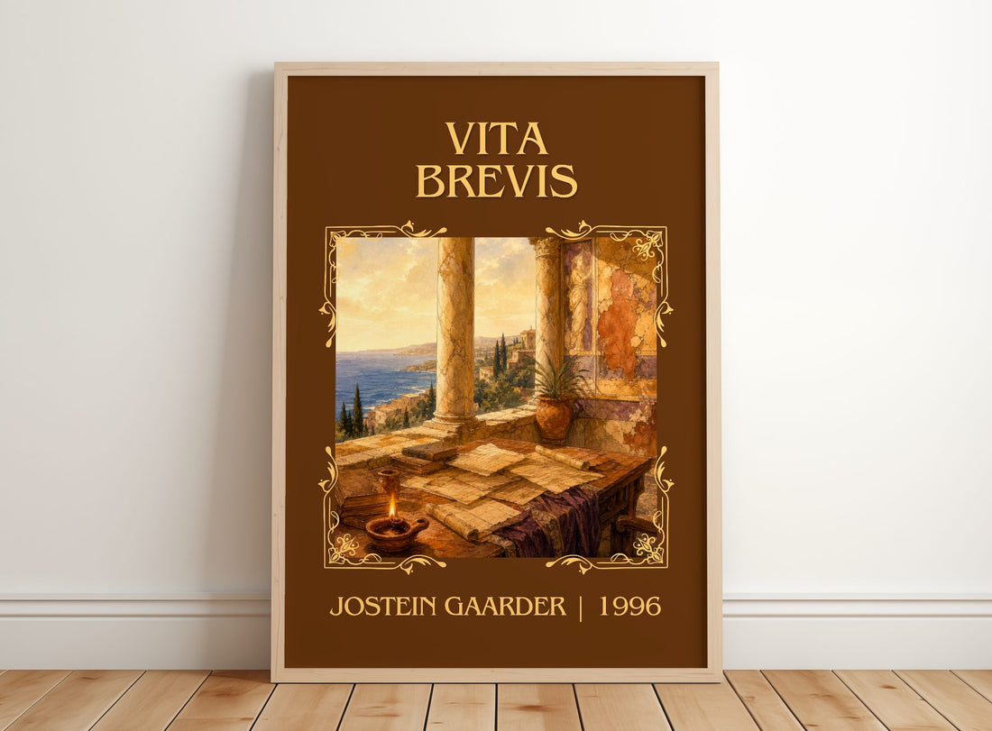 Vita Brevis Classic Book Art Print by Jostein Gaarder – framed print leaning on a wooden floor