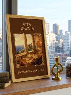 Vita Brevis Classic Book Art Print by Jostein Gaarder – framed print on a city-view windowsill