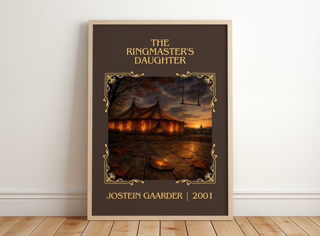 The Ringmaster's Daughter Classic Book Art Print by Jostein Gaarder – framed print leaning on a wooden floor