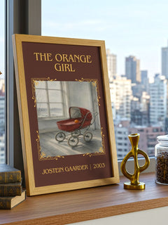 The Orange Girl Classic Book Art Print by Jostein Gaarder – framed print on a city-view windowsill