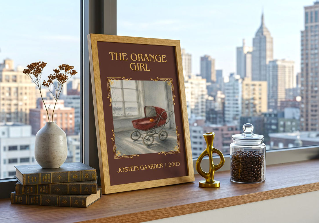 The Orange Girl Classic Book Art Print by Jostein Gaarder – framed print on a city-view windowsill