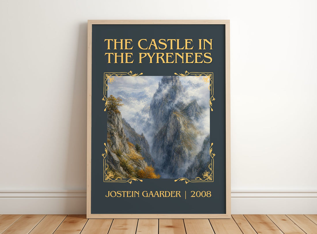 The Castle In The Pyrenees Classic Book Art Print by Jostein Gaarder – framed print leaning on a wooden floor