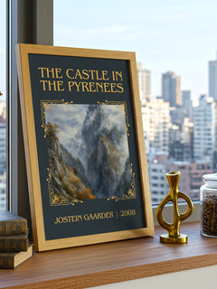 The Castle In The Pyrenees Classic Book Art Print by Jostein Gaarder – framed print on a city-view windowsill