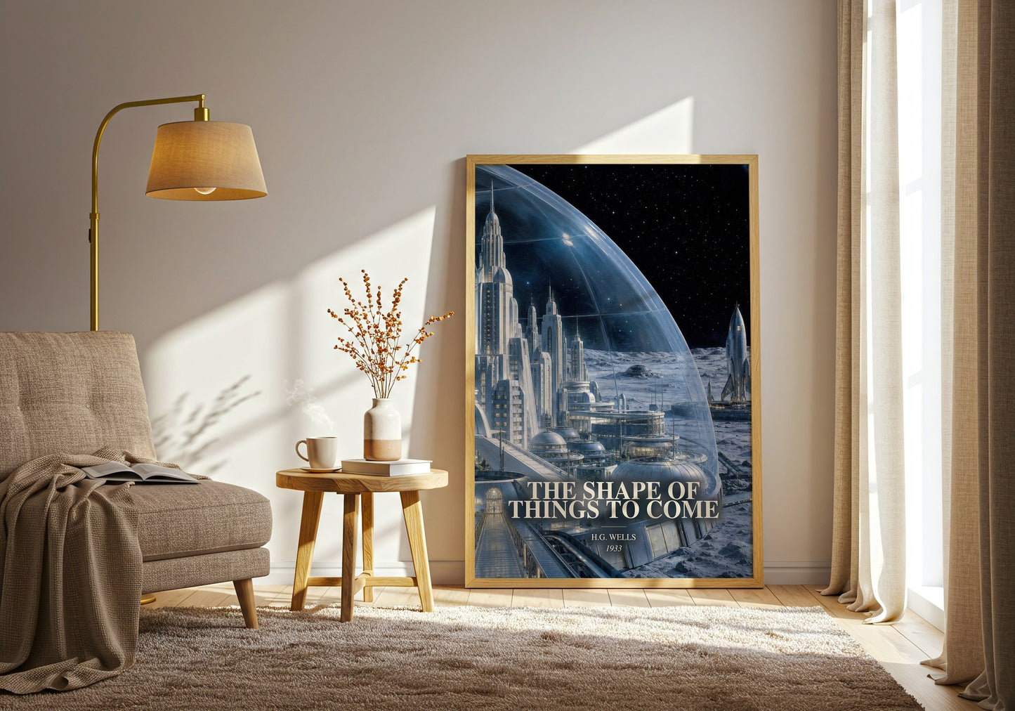 The Shape Of Things To Come watercolour print in frame leaning in hallway – sci fi wall art