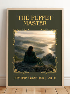 The Puppet Master Classic Book Art Print by Jostein Gaarder – framed print leaning on a wooden floor