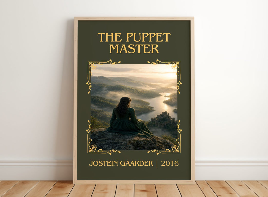 The Puppet Master Classic Book Art Print by Jostein Gaarder – framed print leaning on a wooden floor