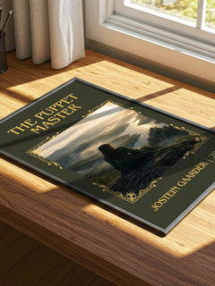 The Puppet Master Classic Book Art Print by Jostein Gaarder – print on a sunlit desk