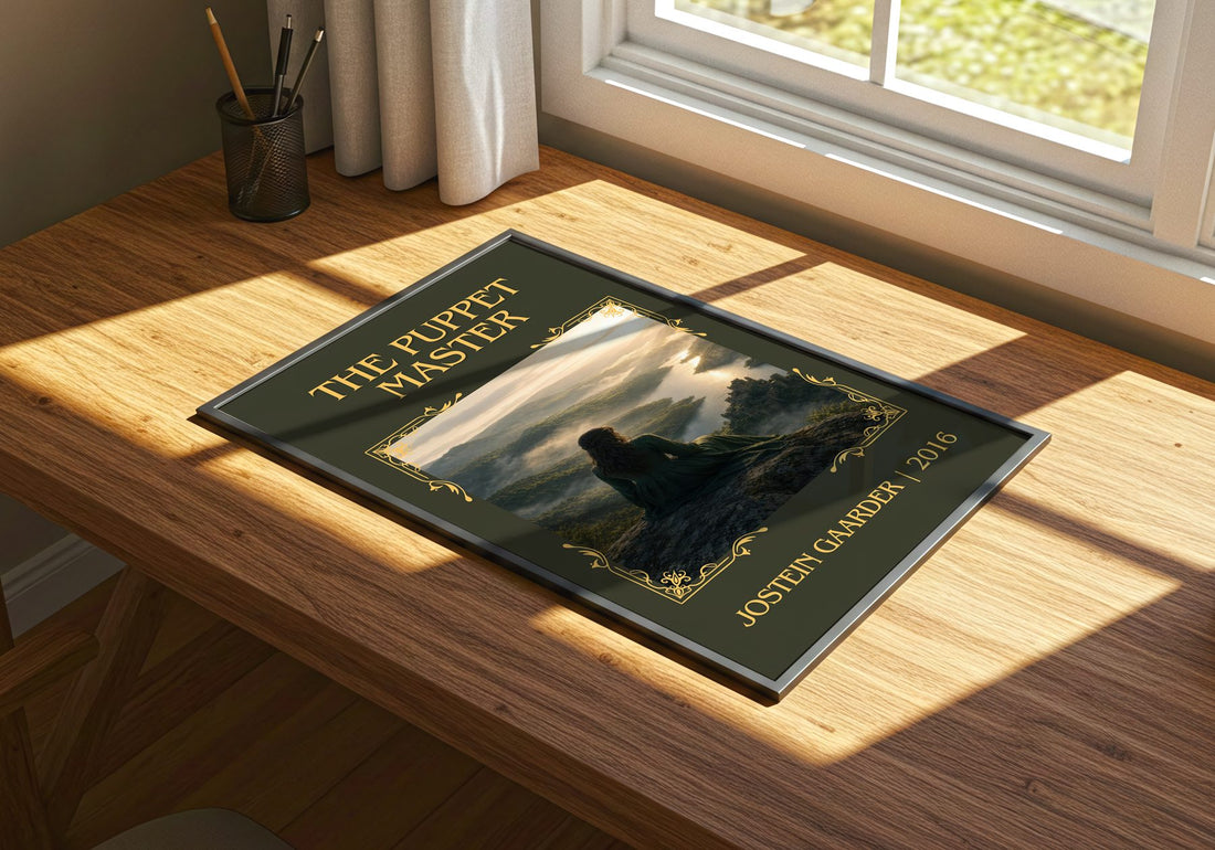 The Puppet Master Classic Book Art Print by Jostein Gaarder – print on a sunlit desk