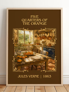 Five Quarters Of The Orange Classic Book Art Print by Jules Verne – framed print leaning on a wooden floor