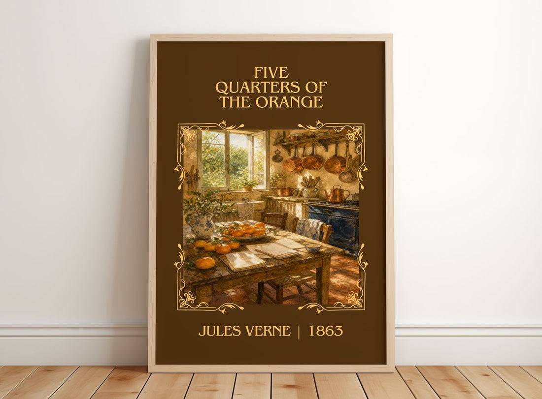 Five Quarters Of The Orange Classic Book Art Print by Jules Verne – framed print leaning on a wooden floor