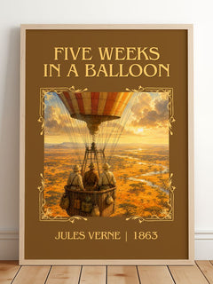 Five Weeks In A Balloon Classic Book Art Print by Jules Verne – framed print leaning on a wooden floor