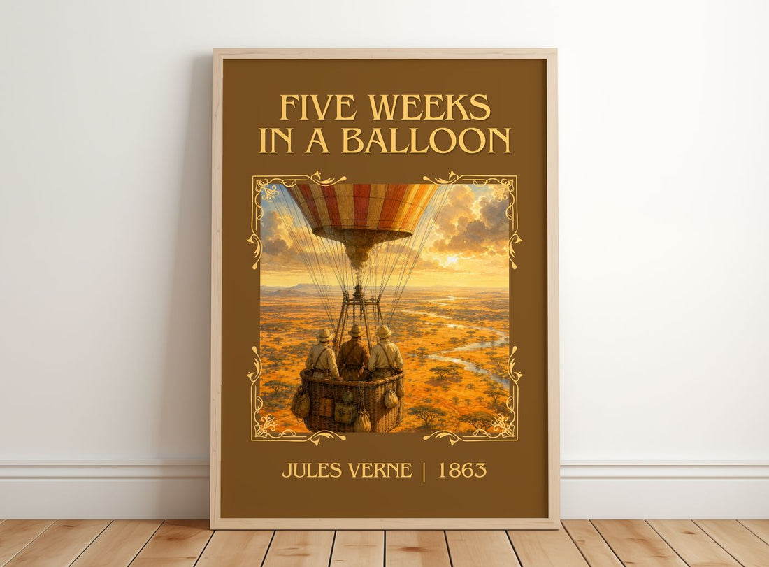Five Weeks In A Balloon Classic Book Art Print by Jules Verne – framed print leaning on a wooden floor