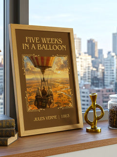 Five Weeks In A Balloon Classic Book Art Print by Jules Verne – framed print on a city-view windowsill