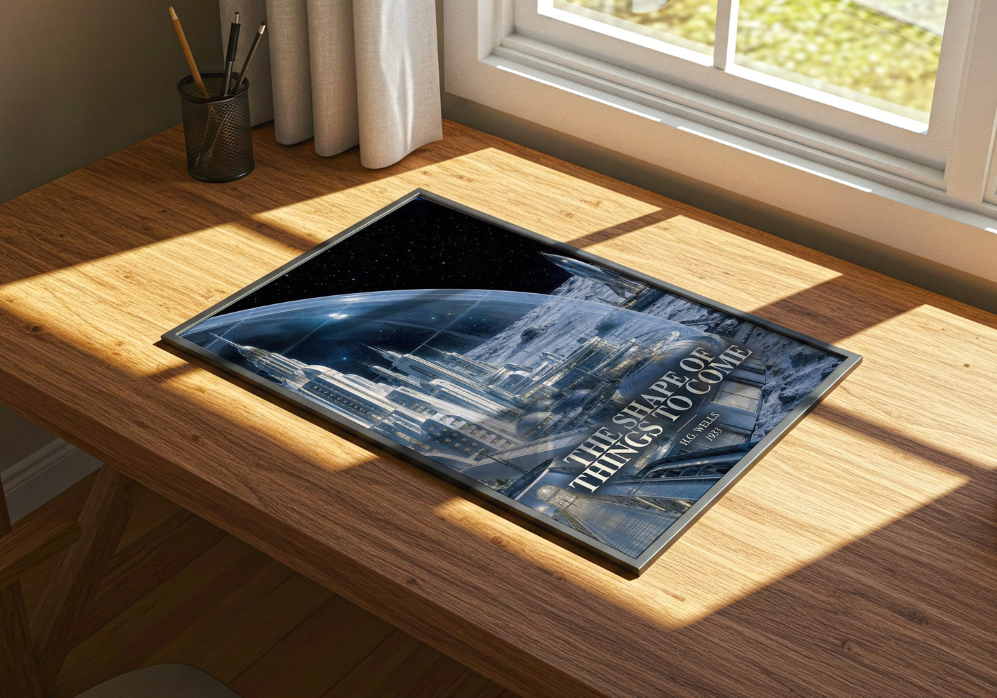 The Shape Of Things To Come watercolour book poster framed on wall – sci fi wall art