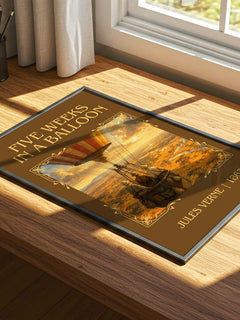 Five Weeks In A Balloon Classic Book Art Print by Jules Verne – print on a sunlit desk