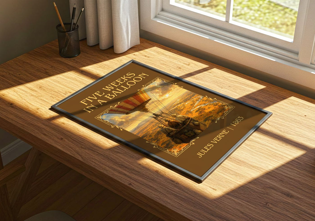 Five Weeks In A Balloon Classic Book Art Print by Jules Verne – print on a sunlit desk