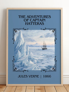 Adventures Of Captain Hatteras Classic Book Art Print by Jules Verne – framed print leaning on a wooden floor