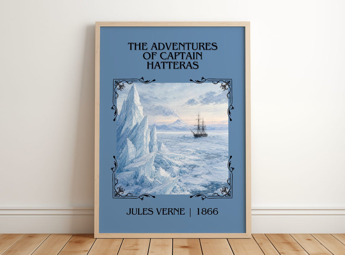 Adventures Of Captain Hatteras Classic Book Art Print by Jules Verne – framed print leaning on a wooden floor