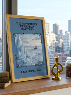 Adventures Of Captain Hatteras Classic Book Art Print by Jules Verne – framed print on a city-view windowsill