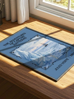 Adventures Of Captain Hatteras Classic Book Art Print by Jules Verne – print on a sunlit desk