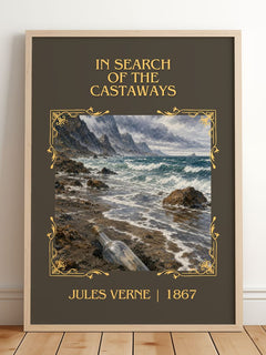 In Search Of The Castaways Classic Book Art Print by Jules Verne – framed print leaning on a wooden floor
