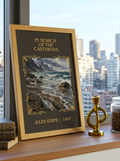 In Search Of The Castaways Classic Book Art Print by Jules Verne – framed print on a city-view windowsill