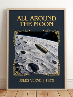All Around The Moon Classic Book Art Print by Jules Verne – framed print leaning on a wooden floor