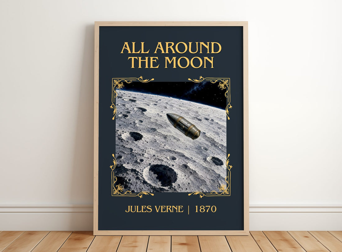 All Around The Moon Classic Book Art Print by Jules Verne – framed print leaning on a wooden floor